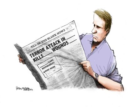Political cartoon U.S. Terrorism Charlottesville Barcelona news cyle
