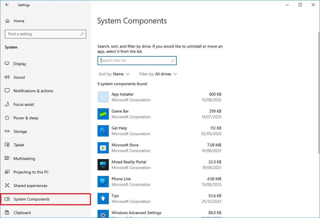 Windows 10 System Components page