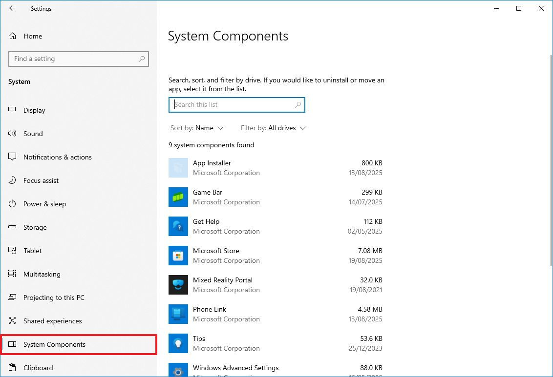 Windows 10 System Components page