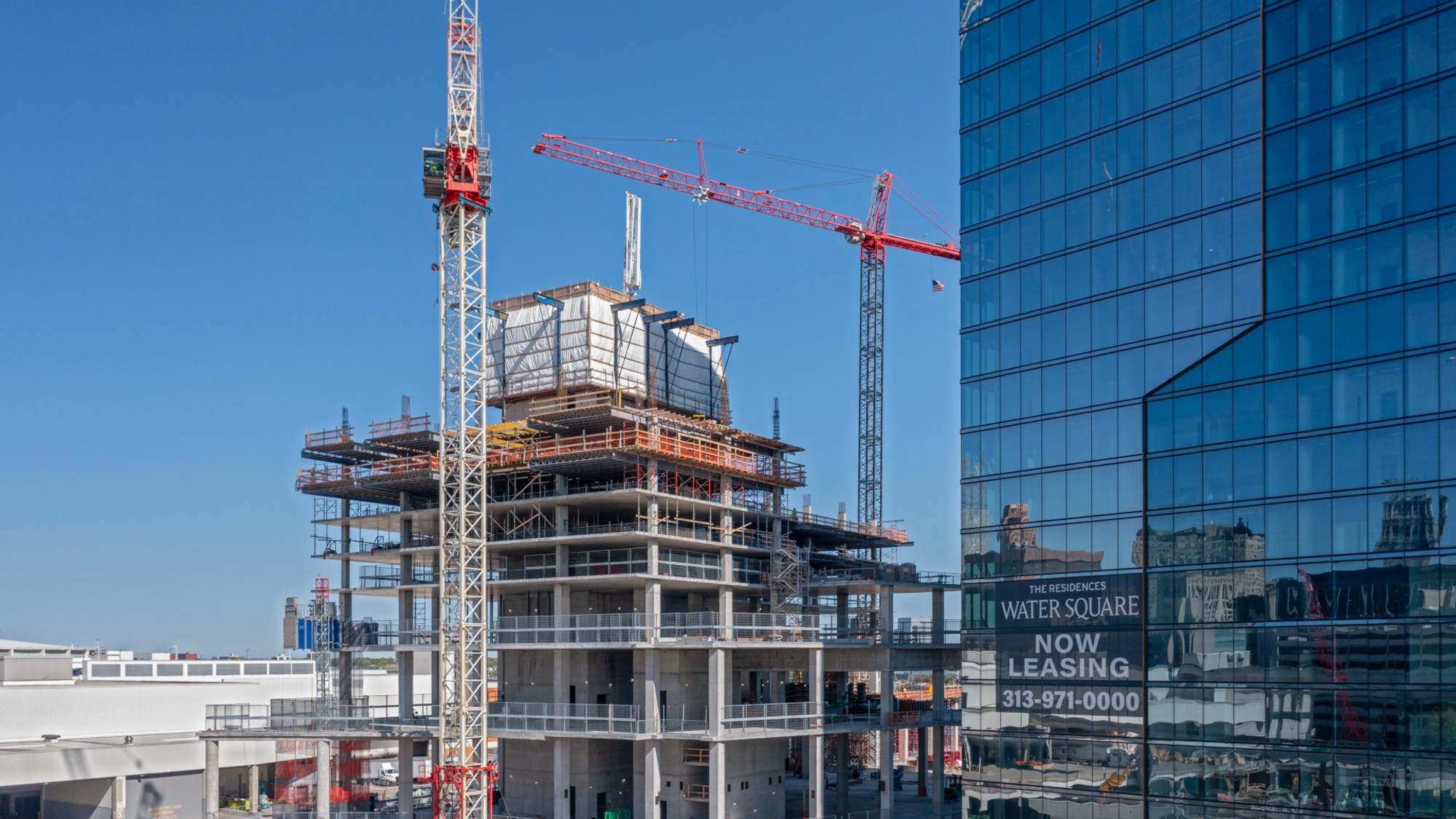 A Marriott hotel is seen under construction in Detroit in May 2025. 