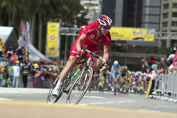 David Pell (Drapac Professional Cycling Team) tries to sneak away from the peloton in Kuala Lumpur.