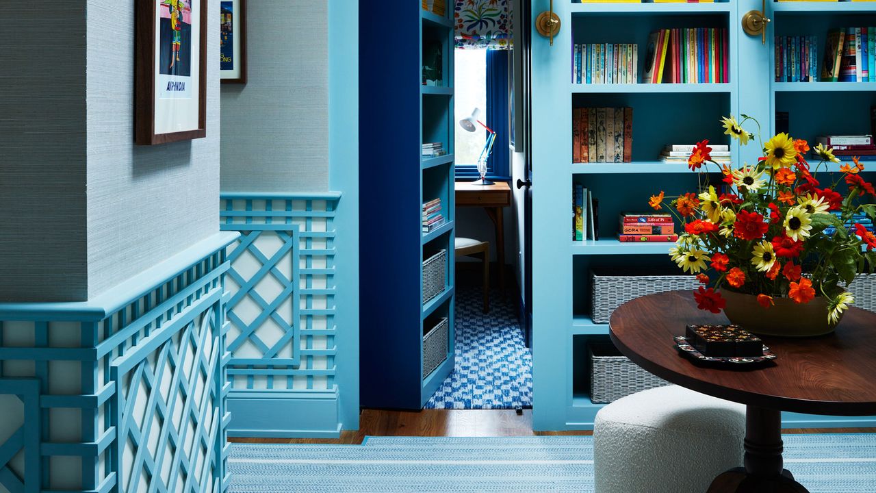 a blue room with a hidden room behind a bookcase door