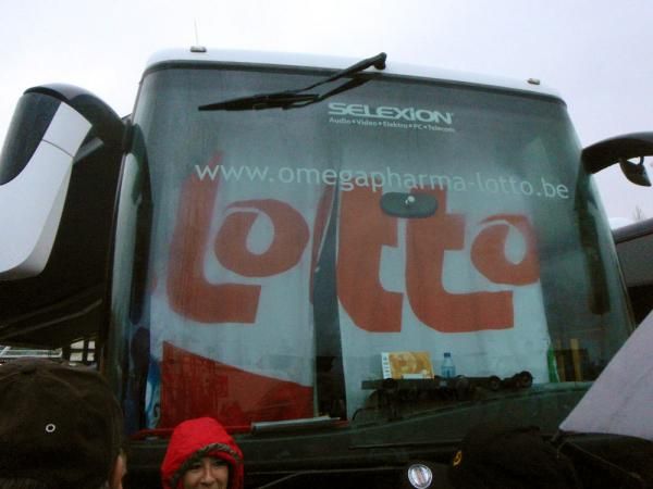 Not giving anything away: Shutters were down on the Omega Pharma-Lotto bus this morning