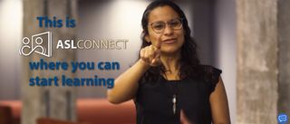 Screenshot of woman signing at camera with 'ASL Connect' written over image