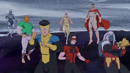A screenshot showing Tek Knight, Allen, Mark Grayson, Thaedus, Oliver Grayson, Omni-Man, and Battle Beast preparing to fight in space in Invincible season 4