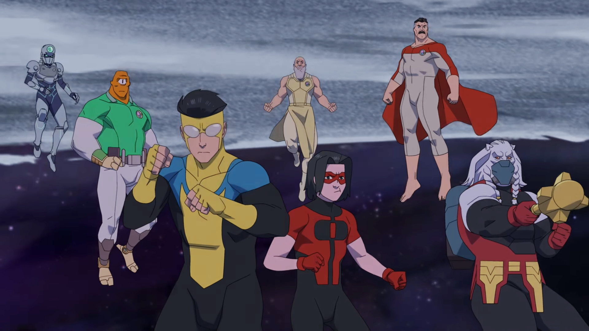 A screenshot showing Tek Knight, Allen, Mark Grayson, Thaedus, Oliver Grayson, Omni-Man, and Battle Beast preparing to fight in space in Invincible season 4