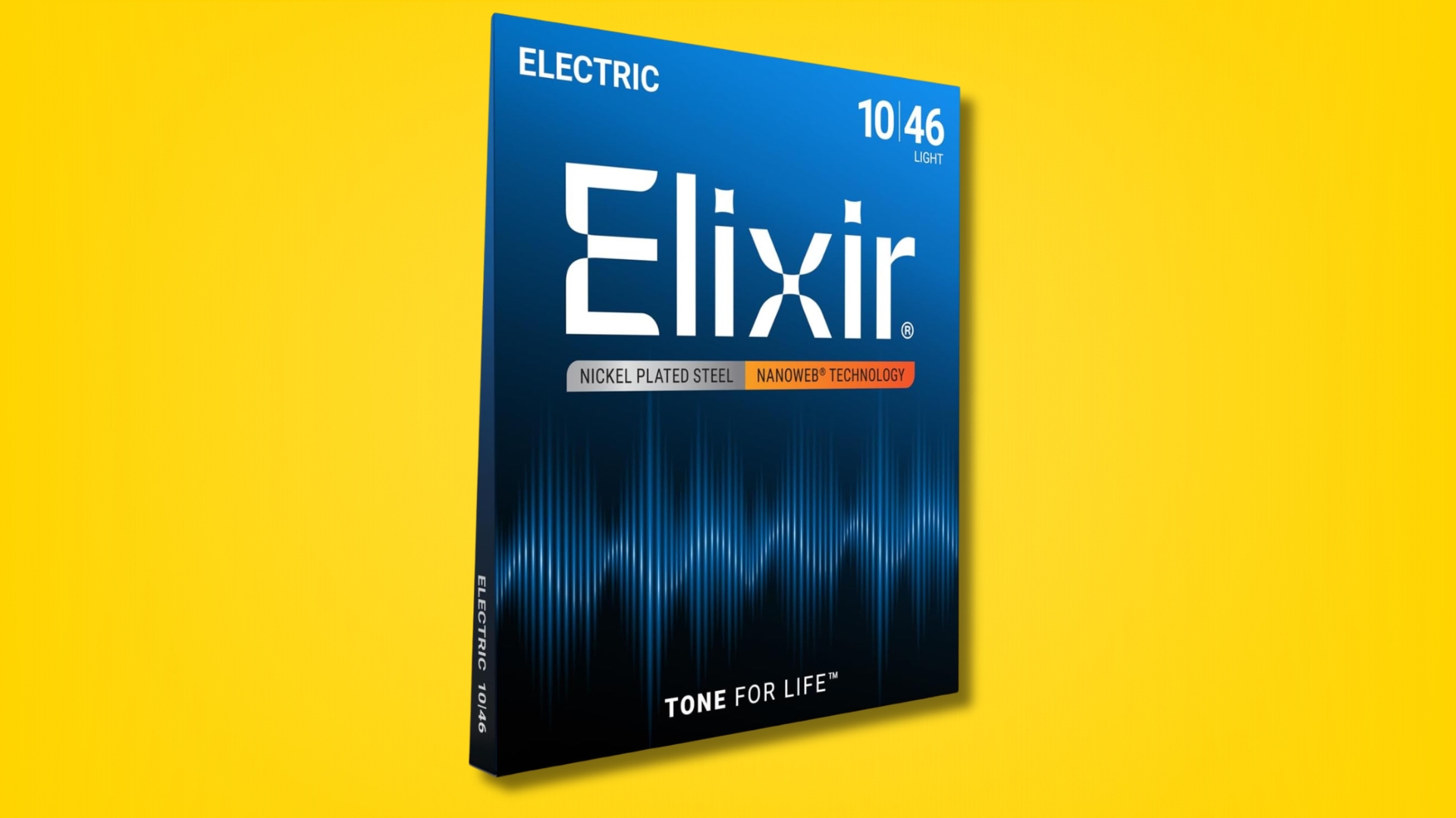 A⁤ pack of Elixir Nanoweb Guitar Strings on a yellow background