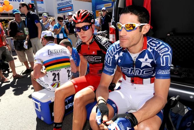 George Hincapie relaxing before a stage in 2010