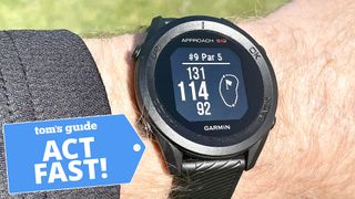 Garmin Approach S12 on a user's wrist showing course data