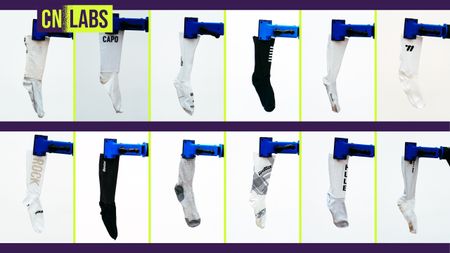 A collage image of 12 pairs of socks tested in the wind tunnel