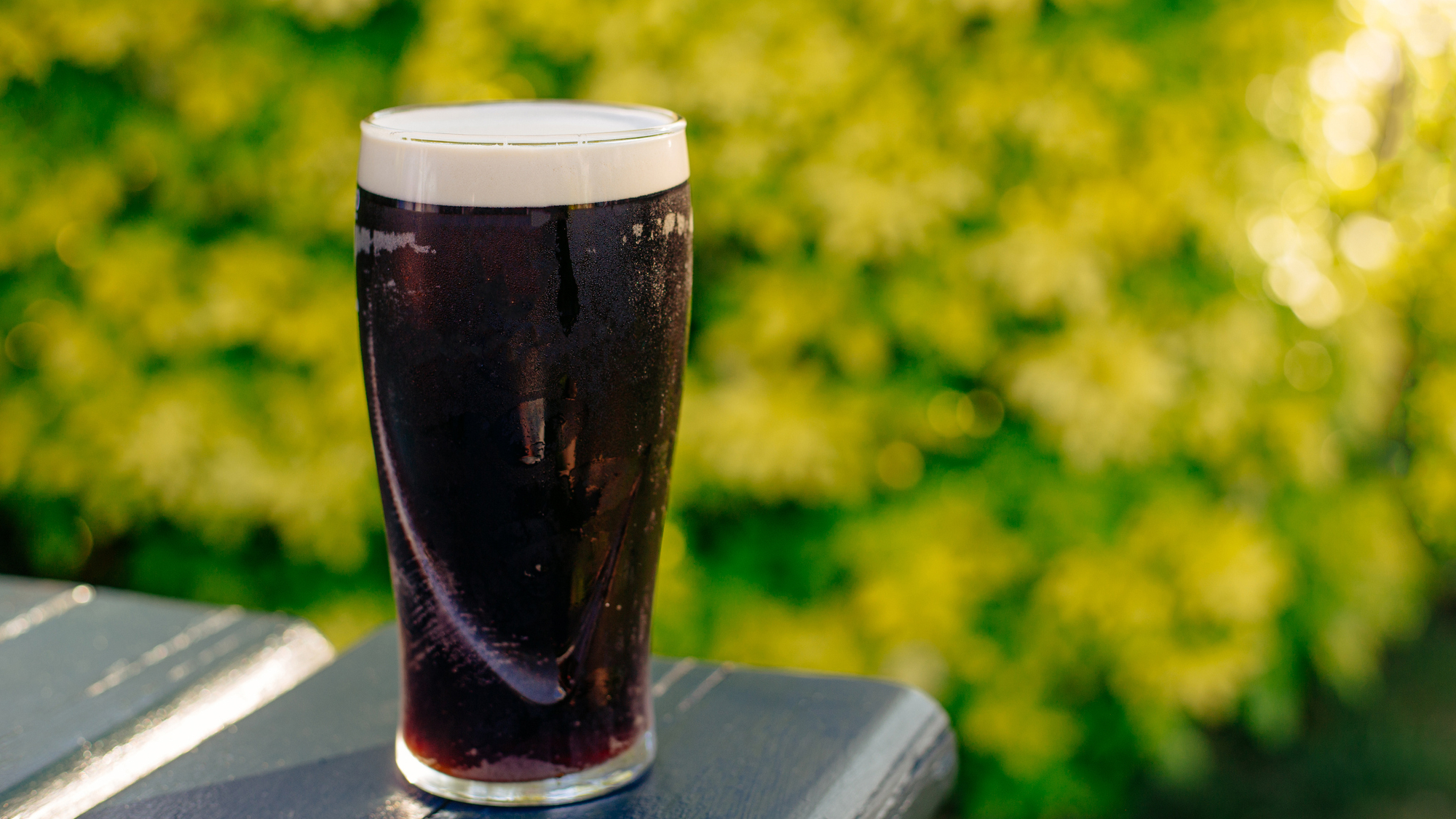 A pint of dark beer with a foamy head.