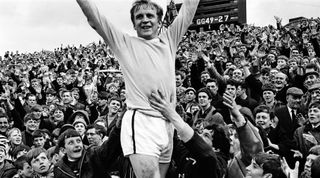 Newcastle Utd v Manchester City 11th May 1968, League Division One match at St James Park. Francis Lee celebrates a goal cheered by fans. Final Score Newcastle 3 Manchester City 4. (Photo by Les Palmer/Mirrorpix/Getty Images)