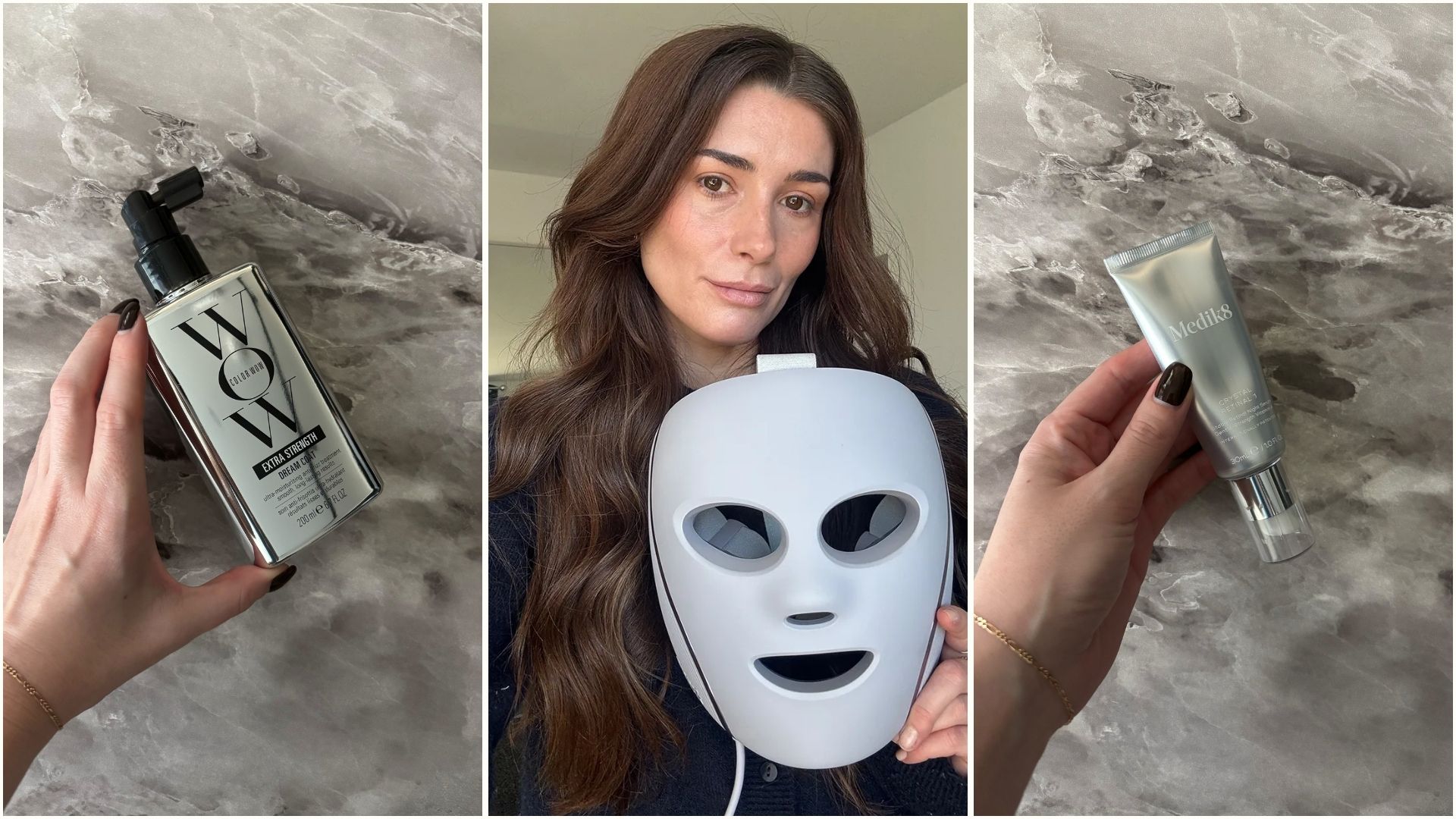 Who What Wear UK beauty editors holding the Color Wow Dream Coat, the Shark LED Mask and the Medik8 Retinol