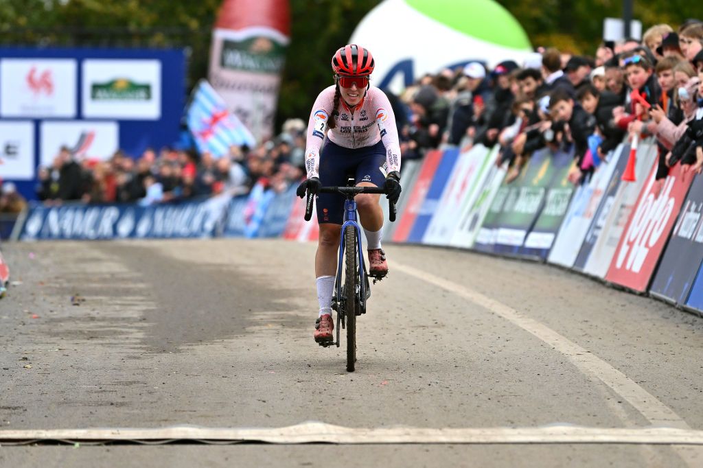 NAMUR BELGIUM NOVEMBER 06 Shirin Van Anrooij of The Netherlands crosses the finish line on third place during the 20th UEC European Cyclocross Championships 2022 Womens U23 EuroCross22 on November 06 2022 in Namur Belgium Photo by Luc ClaessenGetty Images