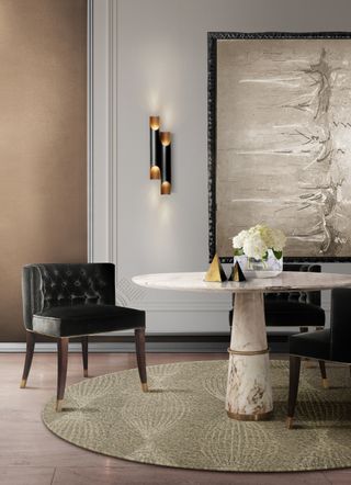 A modern dining room with marble dining table and circular jute rug