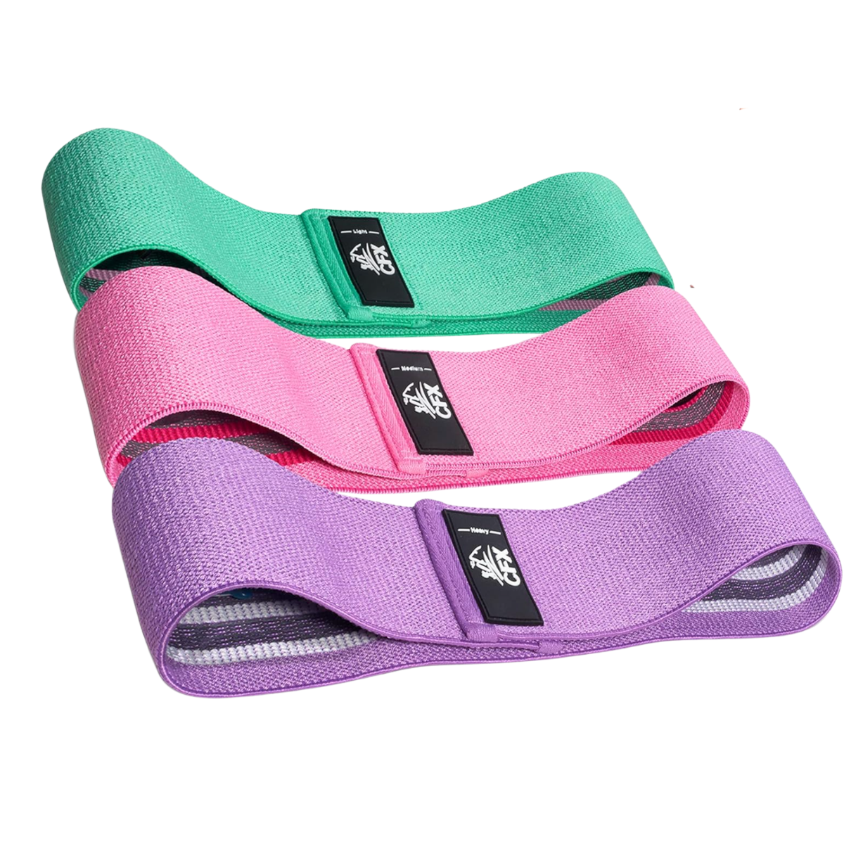 green, pink and purple resistance bands