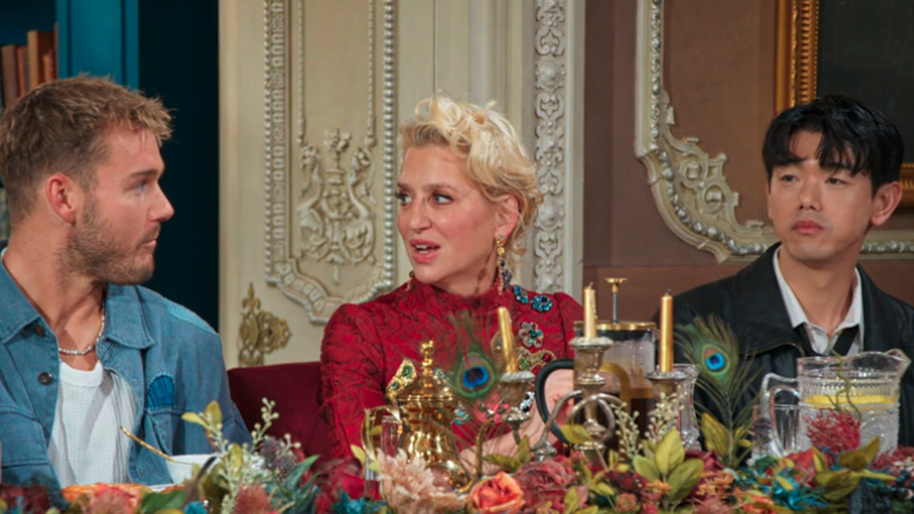 Colton Underwood, Dorinda Medley and Eric Nam at breakfast table in The Traitors Season 4