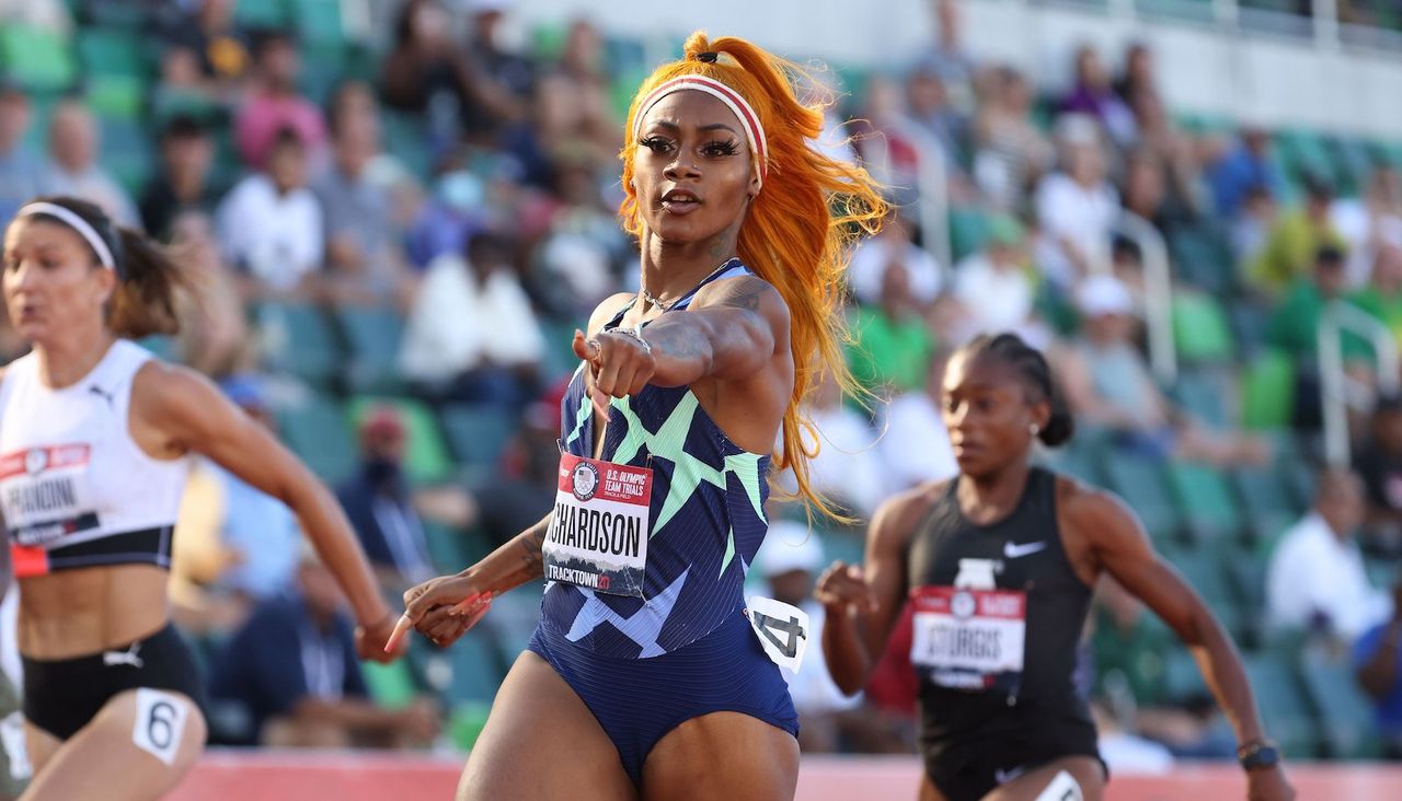  Sha&#039;Carri Richardson competes in the Women&#039;s 100 Meter on day 2 of the 2020 U.S. Olympic Track &amp; Field Team Trials at Hayward Field on June 19, 2021 in Eugene, Oregon