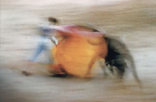 circa 1970: A matador waves his cloak at a charging bull