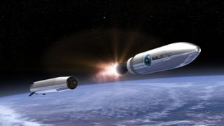 An artist's illustration of a Virgin Orbit LauncherOne rocket carrying a small satellite into orbit.