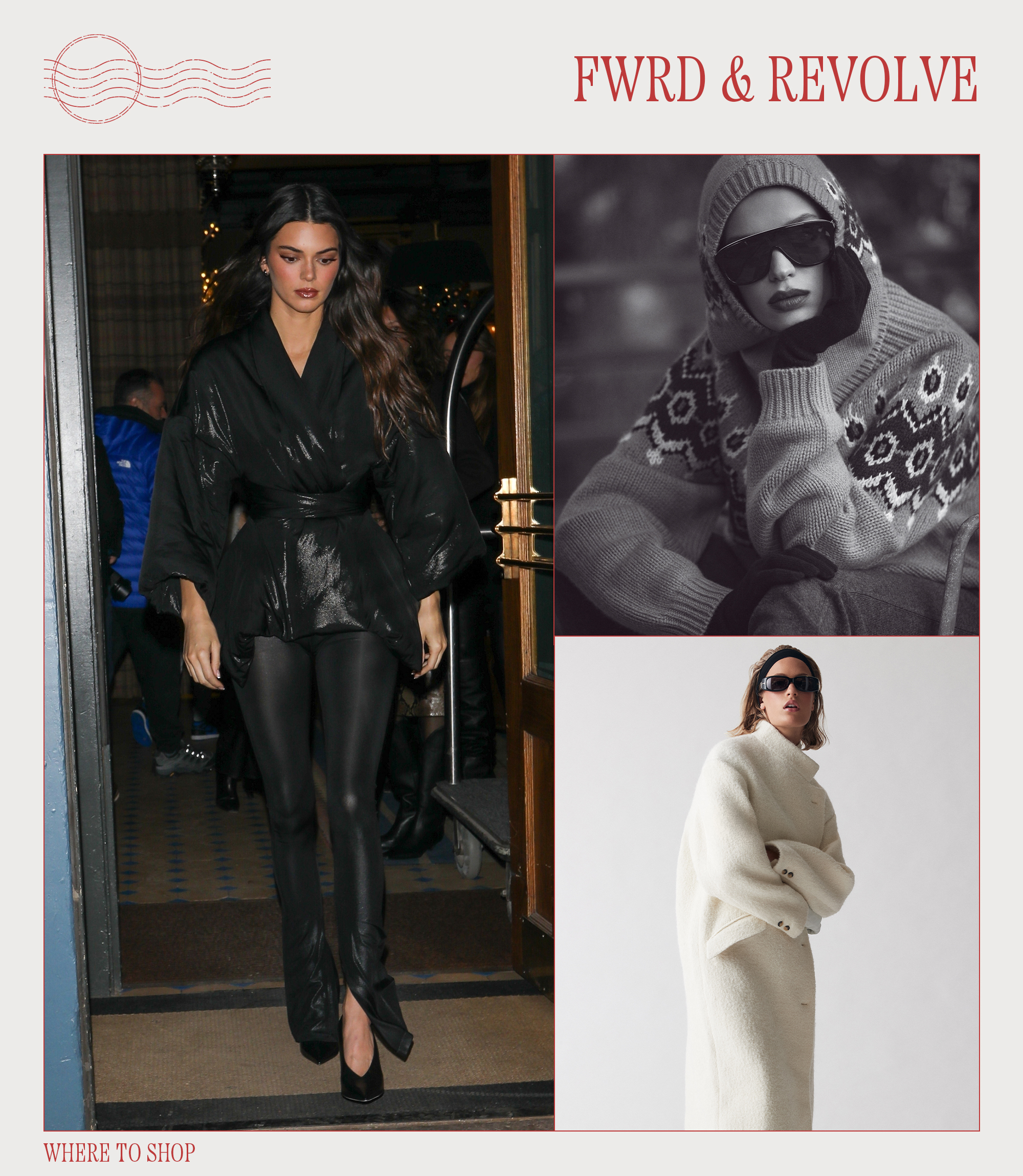 a collage of three images featuring Kendall Jenner at the Revolve and FWRD store in Aspen and images of models posing in winter looks from FWRD