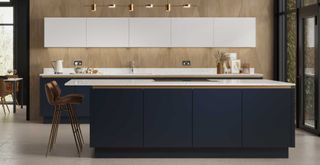 contrasting contemporary kitchen with navy and white cabinets woth wooden corktops to show how mixing materials is a key kitchen trend 2023