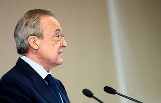 Florentino Perez attends during the presentation of Palladium Hotel Group as a new sponsor of the Real Madrid basketball team at the Santiago Bernabeu Stadium on September 5, 2019 in Madrid, Spain.