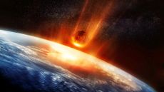 An illustration of an asteroid burning into the atmosphere as it is about to hit Earth.