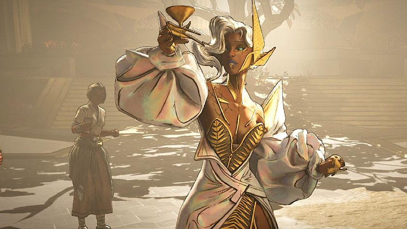 A member of the Electi in Borderlands 4 raises a glass in toast.