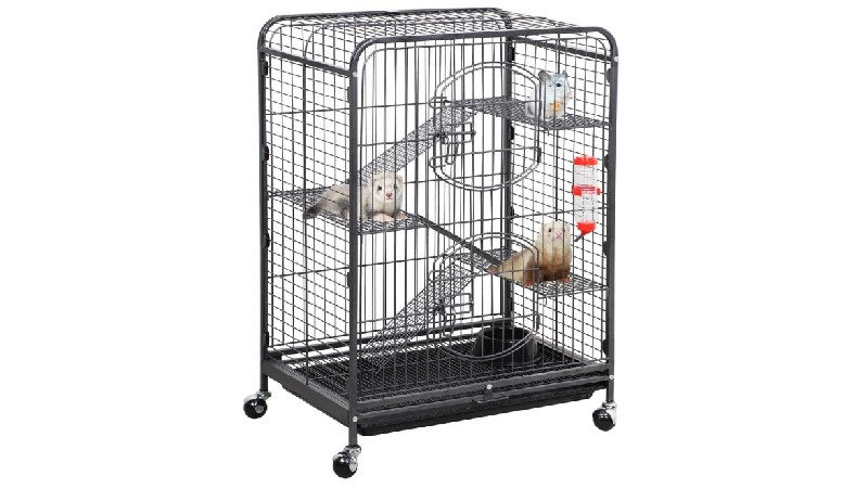 A cage on four wheels with 3 levels, connected by mesh ramps.