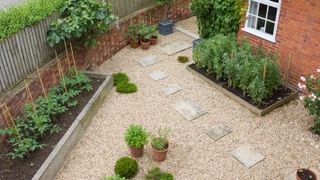 gravel garden with raised beds