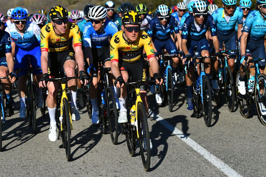 TORRENT SPAIN FEBRUARY 03 LR Pascal Eenkhoorn of Netherlands and Sam Oomen of Netherlands and Team Jumbo Visma compete during the 73rd Volta A La Comunitat Valenciana 2022 Stage 2 a 1715km stage from Btera to Torrent VCV2022 on February 03 2022 in Torrent Spain Photo by Dario BelingheriGetty Images