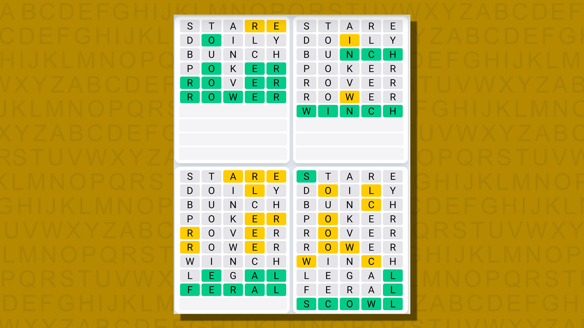 Ежедневная последовательность ответов Quordle для игры 718 на желтом фоне