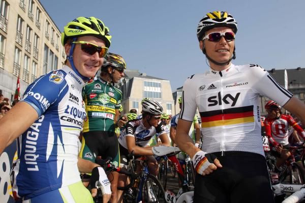 Dominique Nerz (Liquigas-Cannondale) and Christian Knees (Sky) at the start of Liege-Bastogne-Liege.