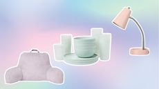 Purple body pillow, mint green dishes, and pink desk lamp on pastel background