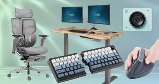 Several home office products on a colored background