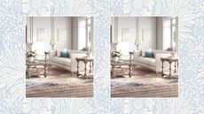 Two pictures of a preppy living room on a blue floral background