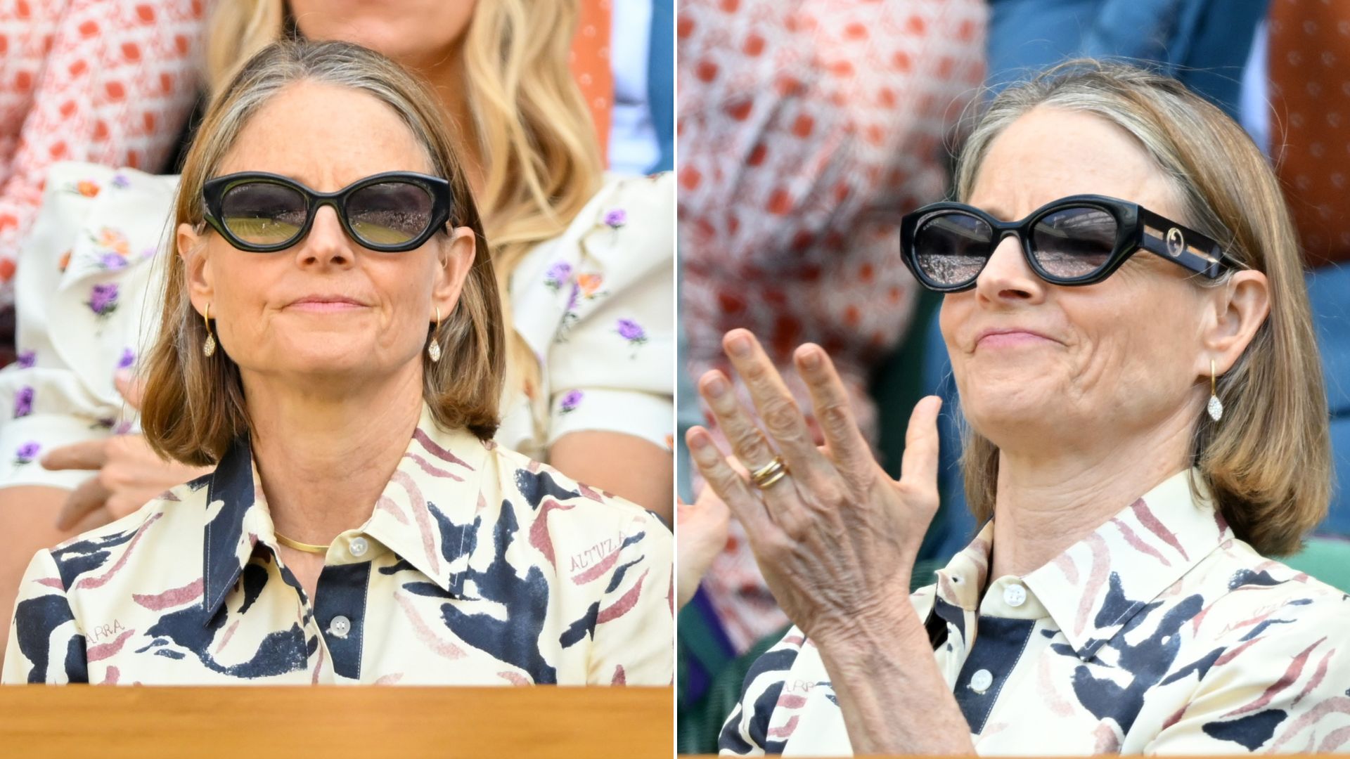 Two images of Jodie Foster wearing Gucci sunglasses and a floral shirt dress in the Royal Box at Wimbledon 2025