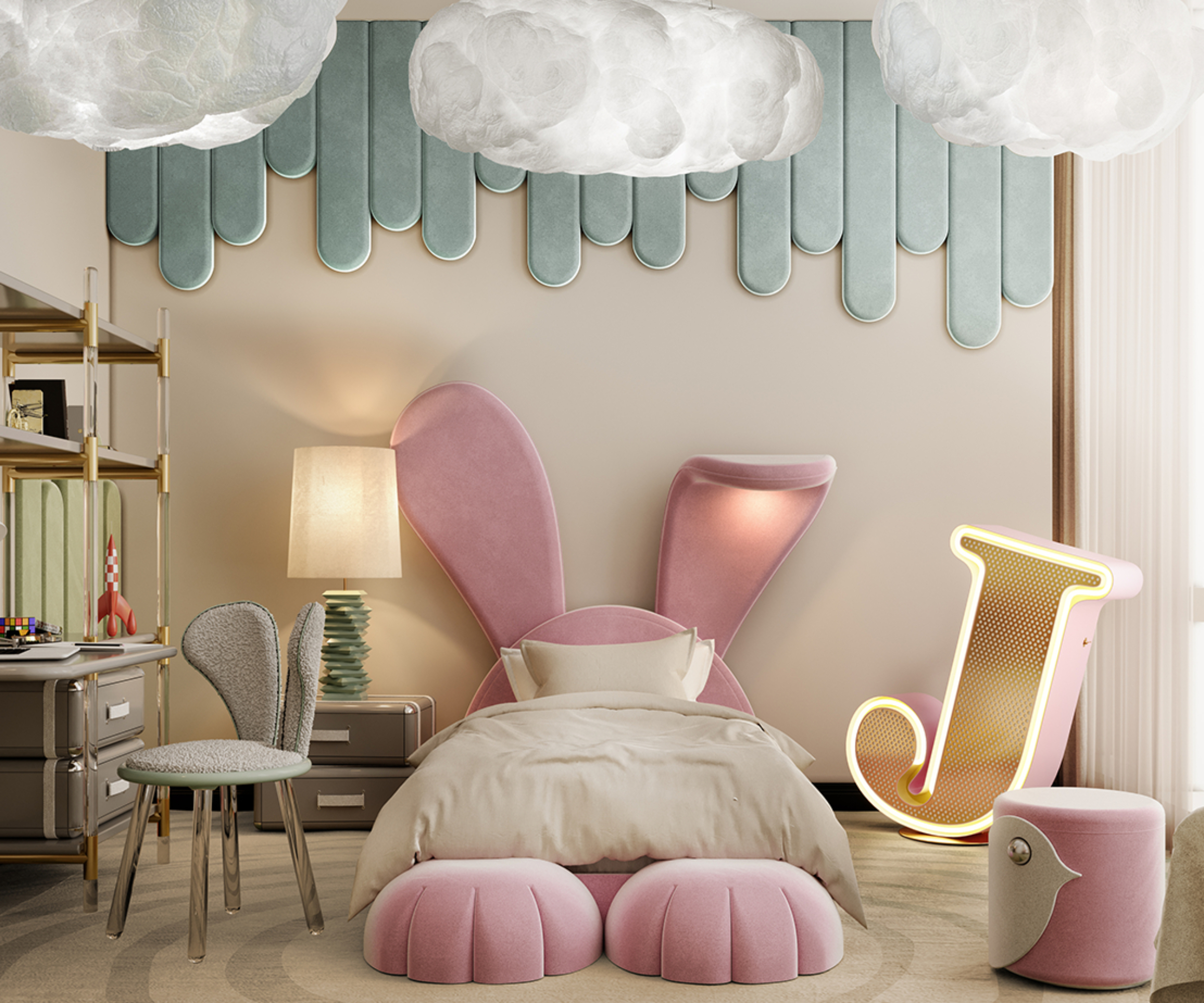 child's bedroom with pink rabbit bed design, large J letter light and cloud effect pendant lighting