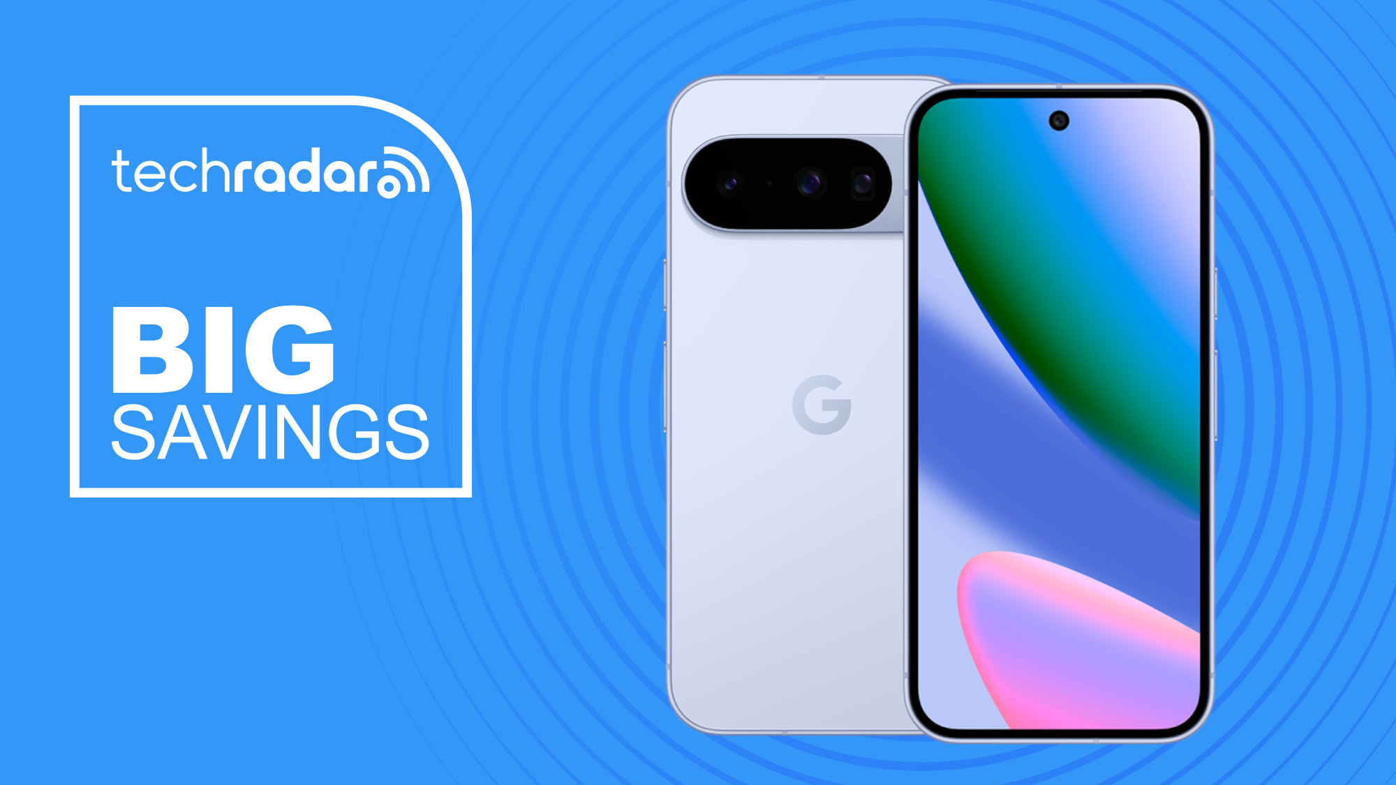 Google Pixel 10 on blue background with big savings text overlay
