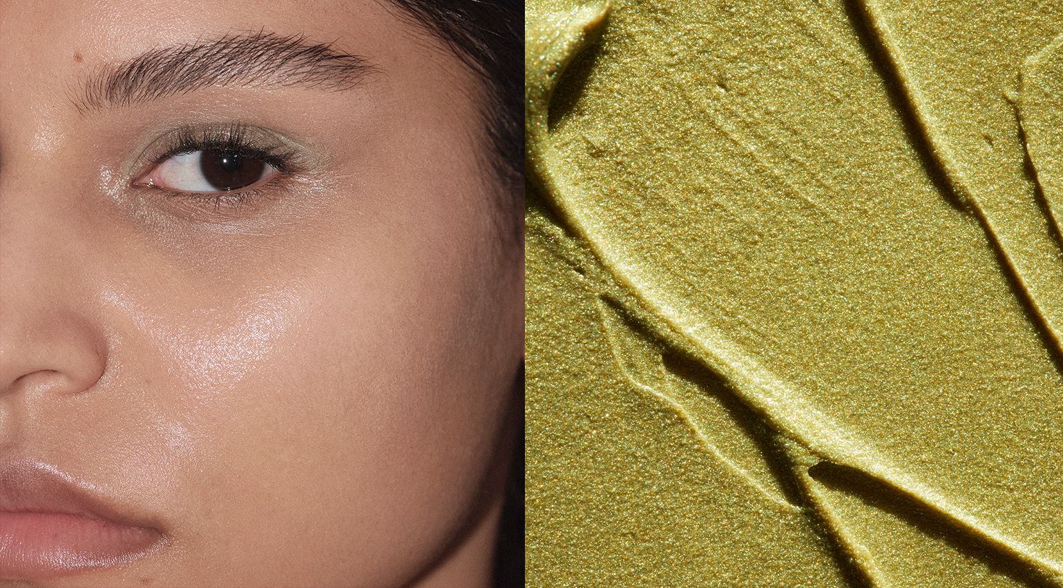 Woman in make-up and close-up of green make-up palette