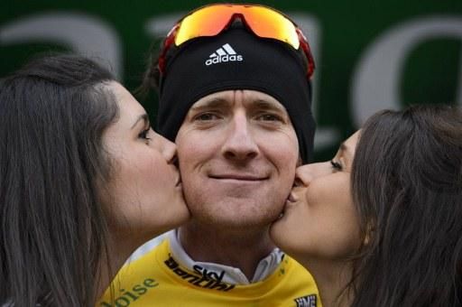 Bradley Wiggins (Team Sky) on the podium as new race leader