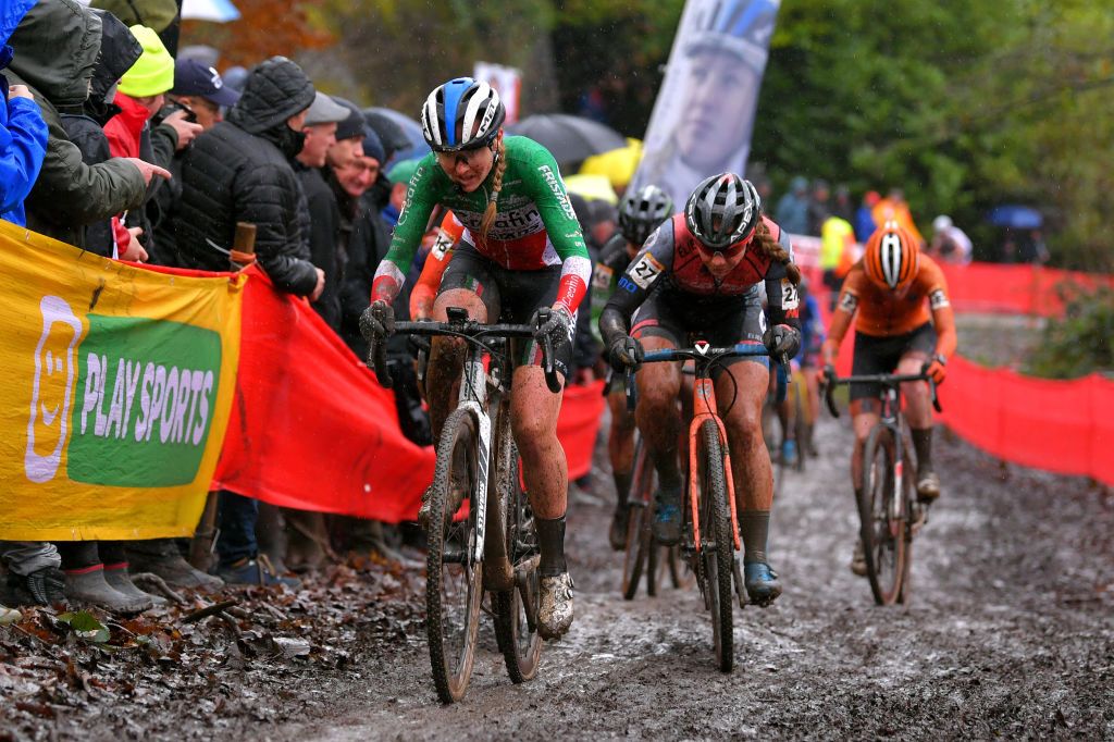 NAMUR BELGIUM DECEMBER 22 Eva Lechner of Italy and Team Creafin Fristads Rebecca Fahringer of The United States during the 11th Namur World Cup 2019 Women Elite UCICX TelenetUCICXWC on December 22 2019 in Namur Belgium Photo by Luc ClaessenGetty Images