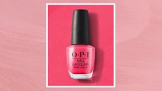 A product shot of the OPI nail polish in Strawberry Margarita (a bright berry pink), on a bright pink background, to demonstrate the nail polish's colour, and featured in a lighter pink template