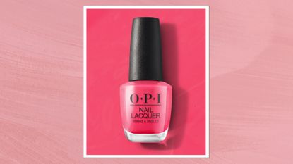 A product shot of the OPI nail polish in Strawberry Margarita (a bright berry pink), on a bright pink background, to demonstrate the nail polish's colour, and featured in a lighter pink template