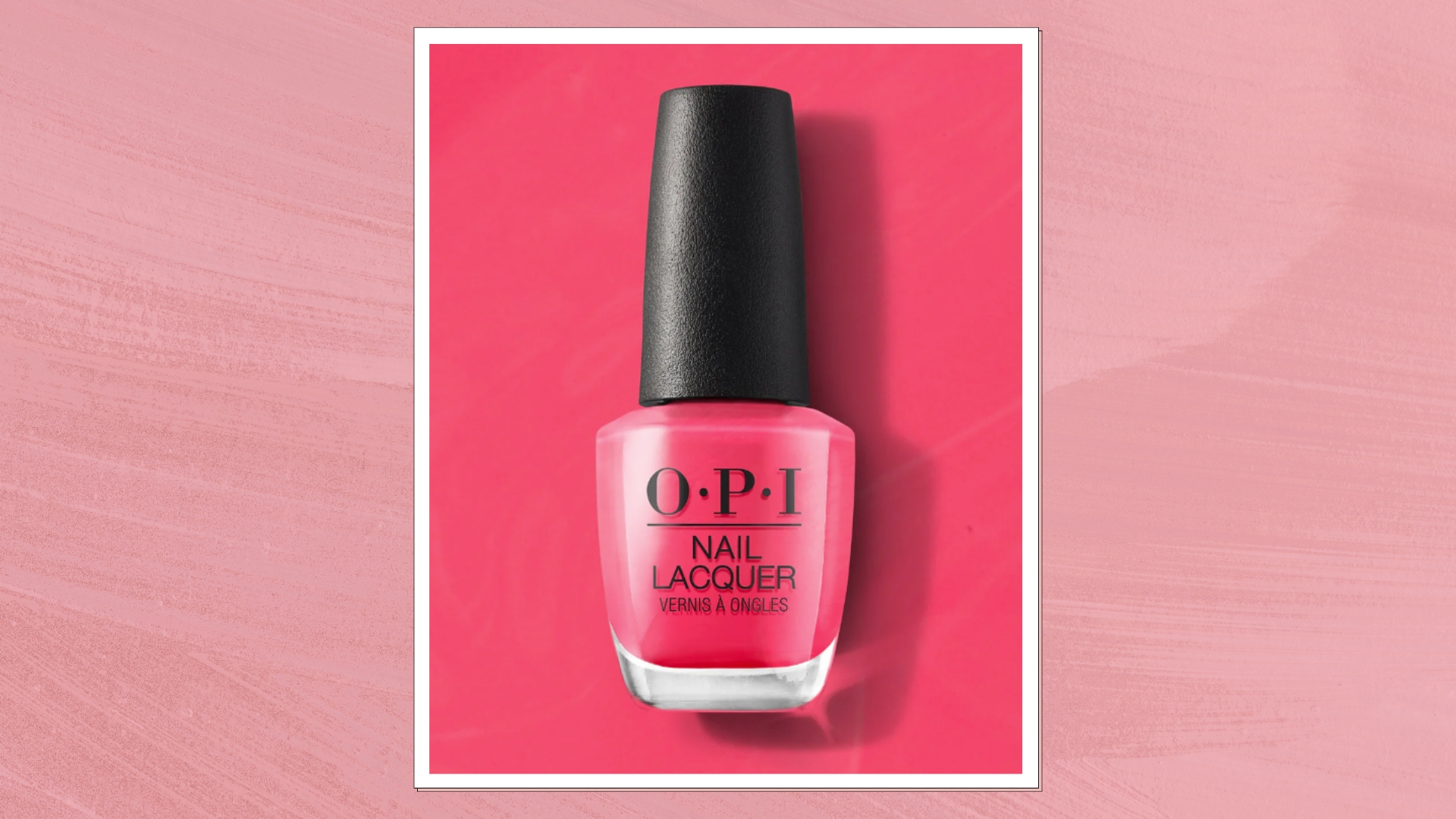 A product shot of the OPI nail polish in Strawberry Margarita (a bright berry pink), on a bright pink background, to demonstrate the nail polish's colour, and featured in a lighter pink template