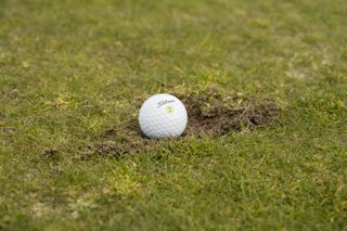 Golf ball lying in a divot