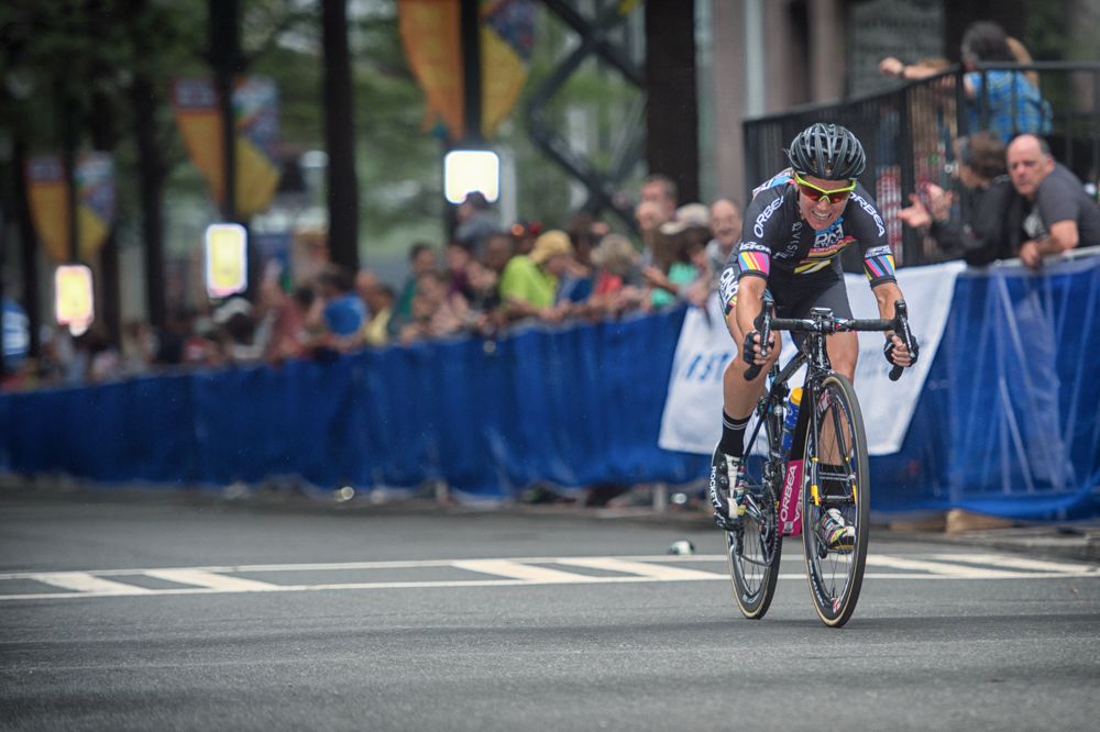 Agressor Sara Tussey of Visit Dallas DNA Pro Cycling off the front of the 2016 Charlotte Criterium presented by Novant Health