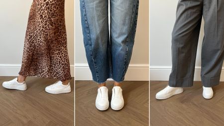 three images of Caroline Parr wearing trainers 