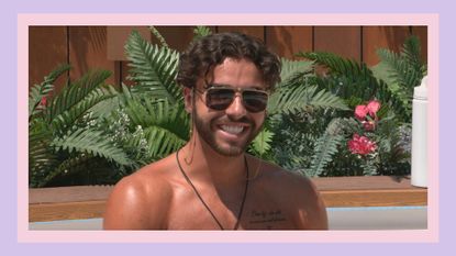Sammy wearing some sunglasses chains in the Love Island 2023 villa/ in a purple and pink template